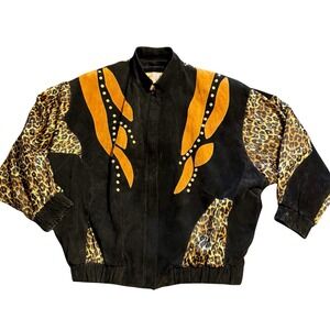 Vintage Atlantic Beach Leather Coat Works Bomber Jacket Women's LG Leopard Print